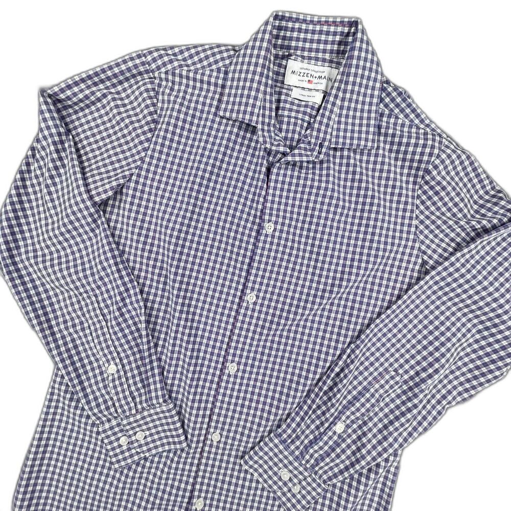 Mizzen + Main Leeward Dress Shirt Large Trim Fit Performance Stretch Blue Plaid